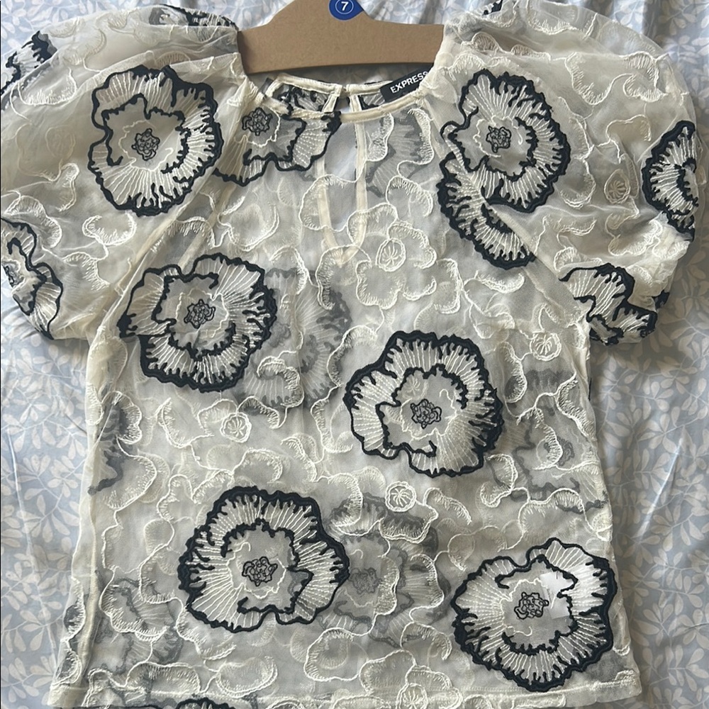 Sheer Floral Blouse with Black Embroidery